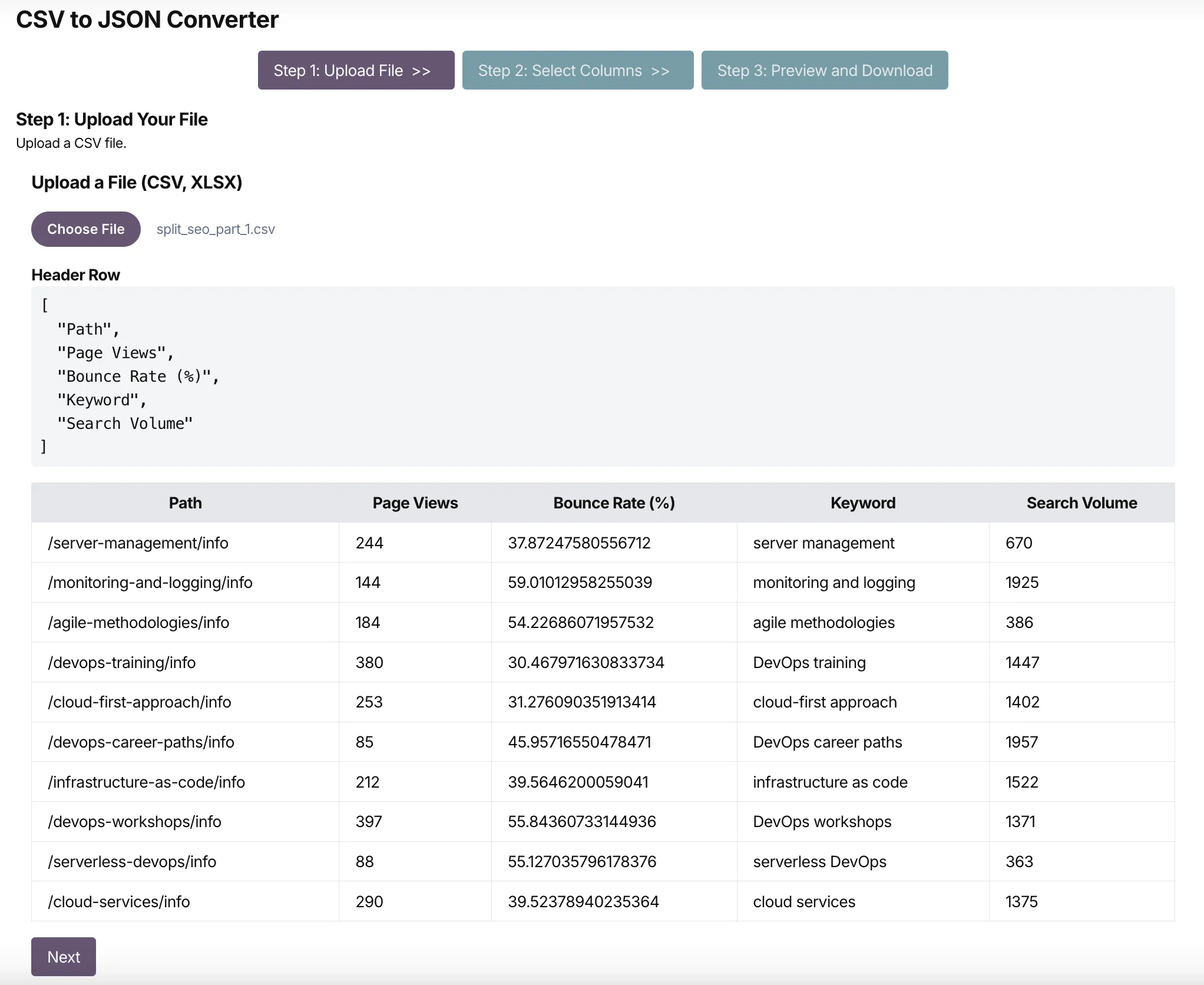 CSV to JSON - Upload File