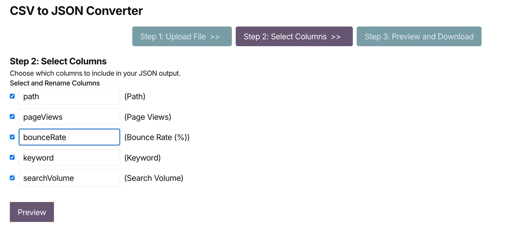 CSV to JSON - Select Columns