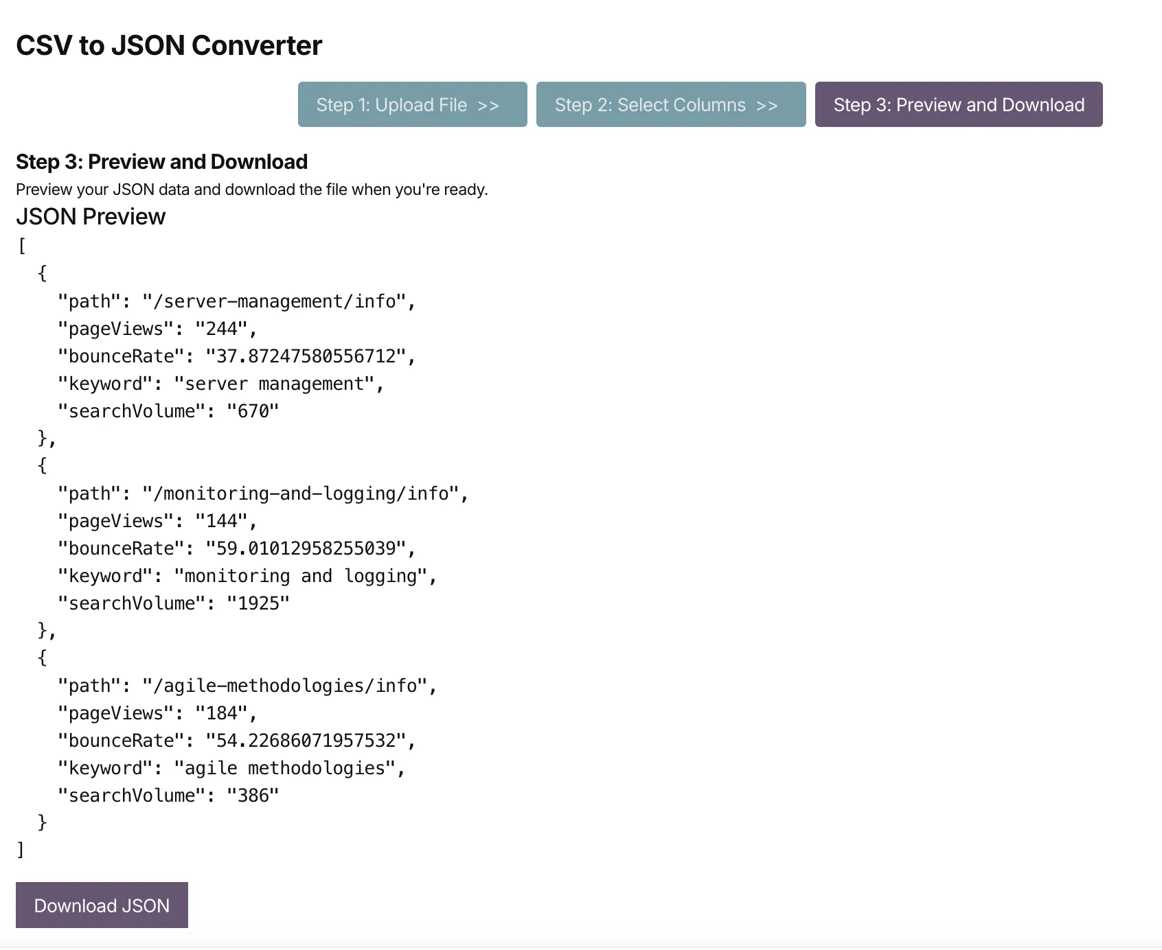 CSV to JSON - Preview and Download