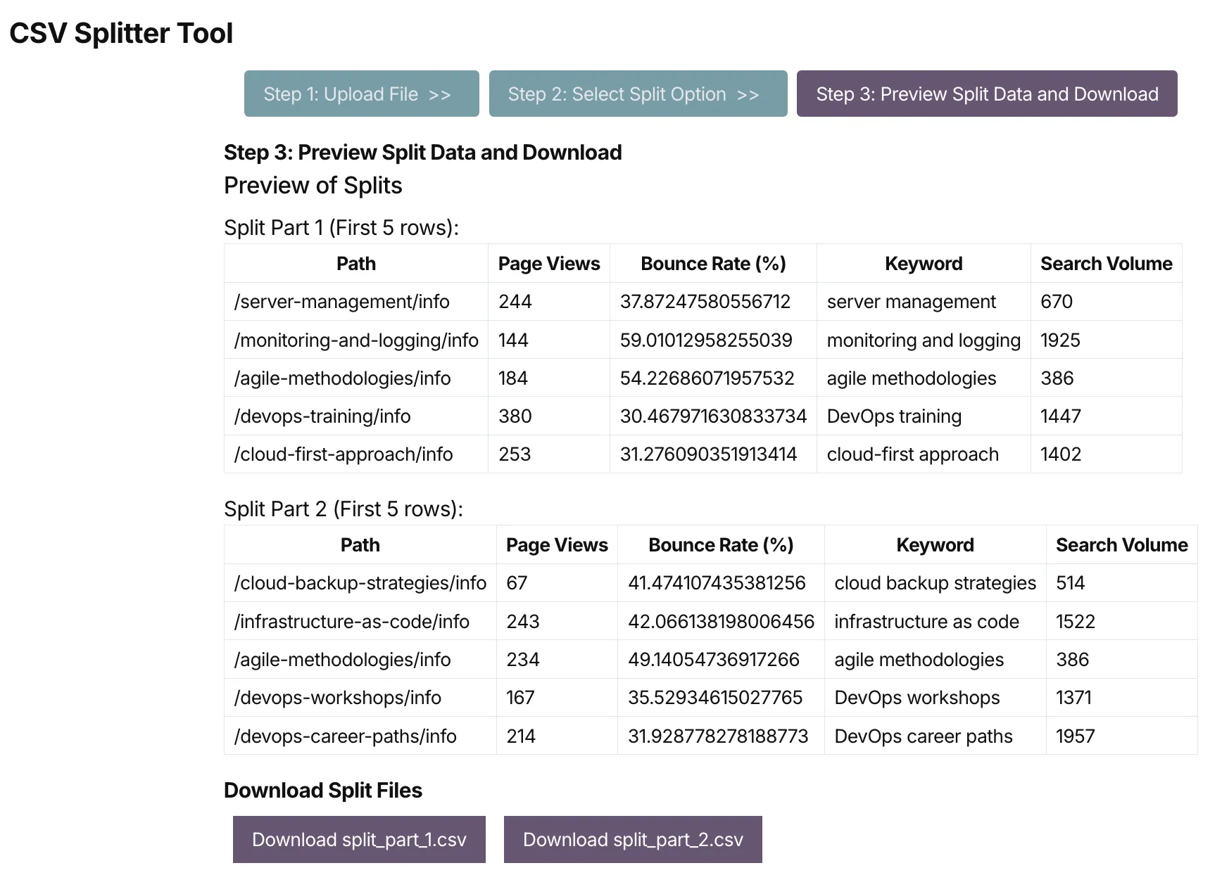 CSV Spliter - Preview and Download