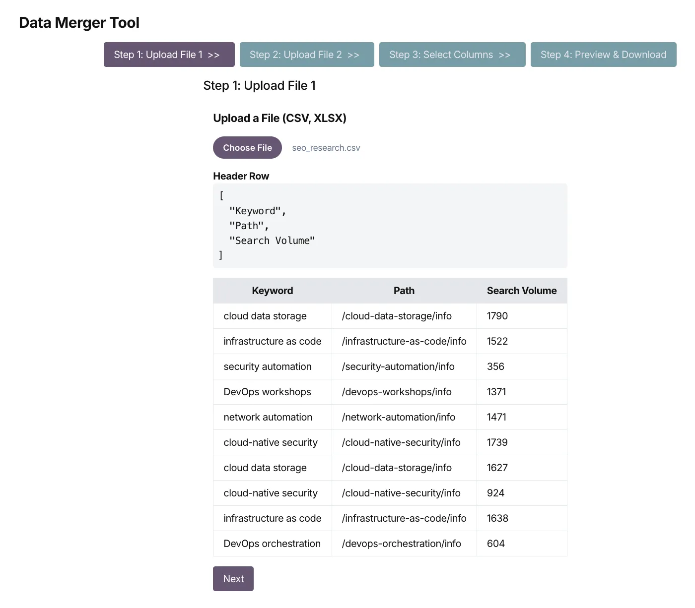 Data Merger Tool - Upload File 1