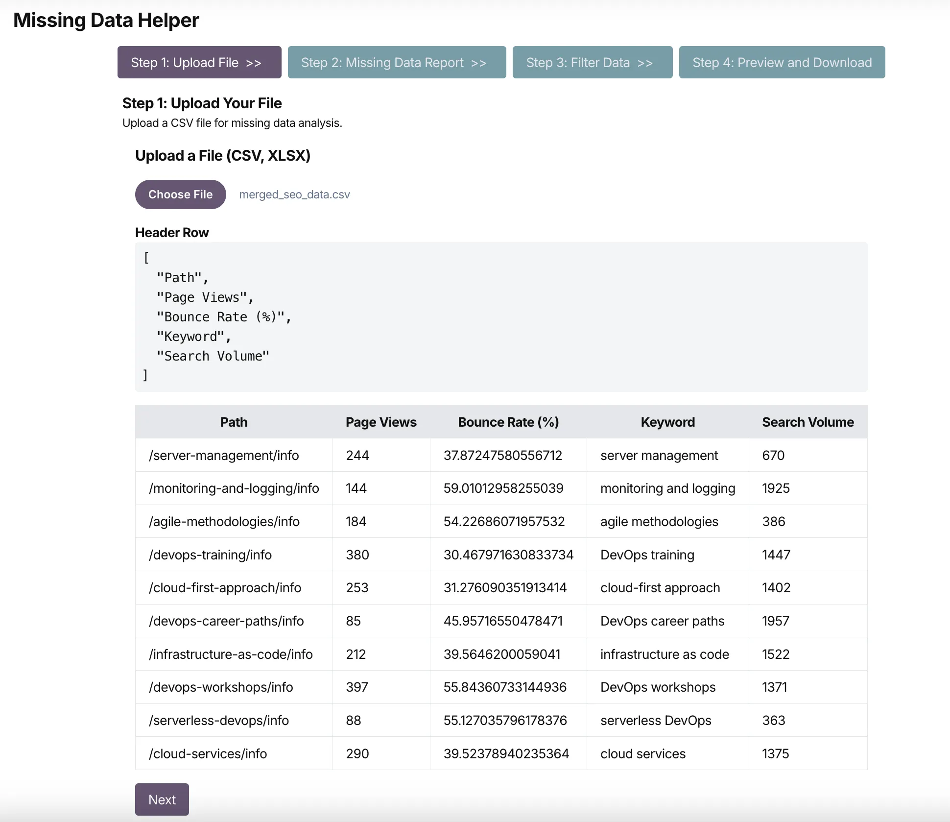 Missing Data Tool - Upload File