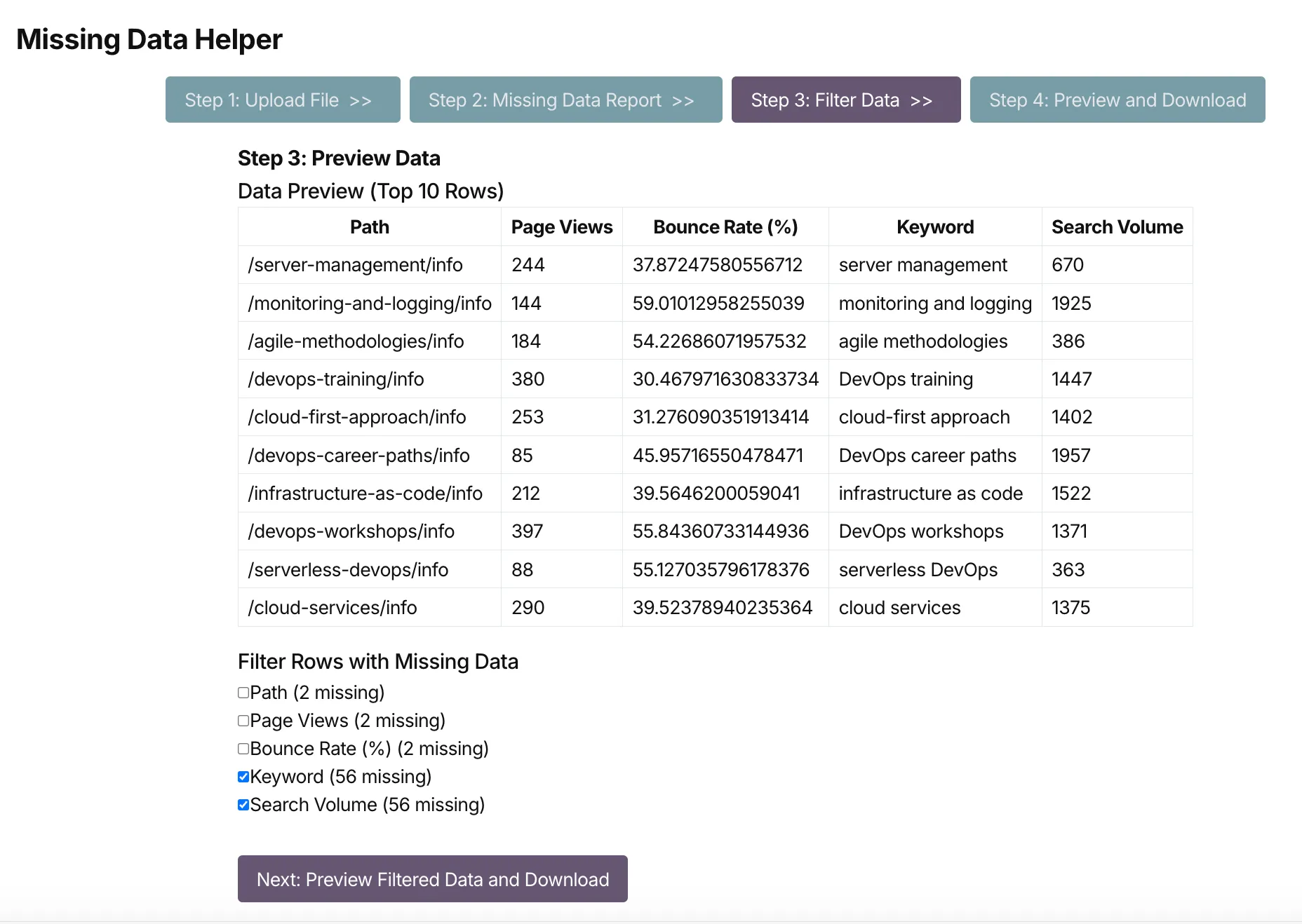 Missing Data Tool - Filtering